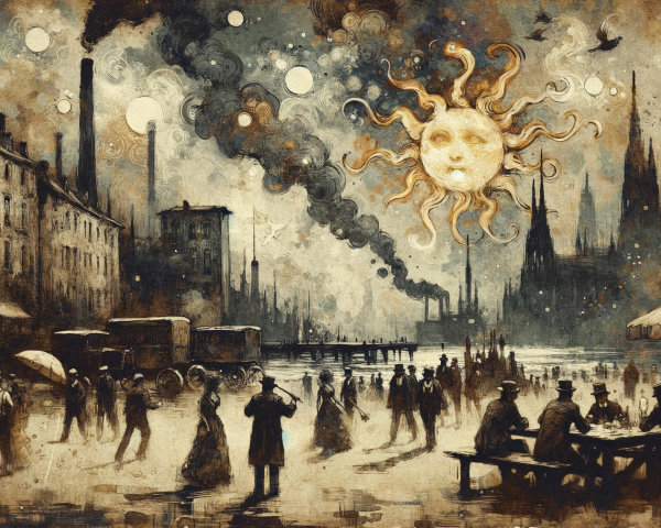 Sepia-Toned Industrial City Scene with Vintage Attire