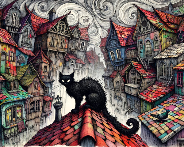 Whimsical Scene of a Cat on Rooftop in Colorful Village