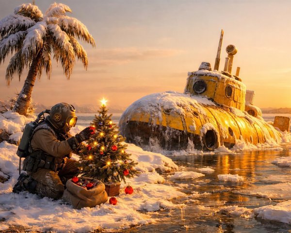 Diving Suit Figure by Christmas Tree and Submarine