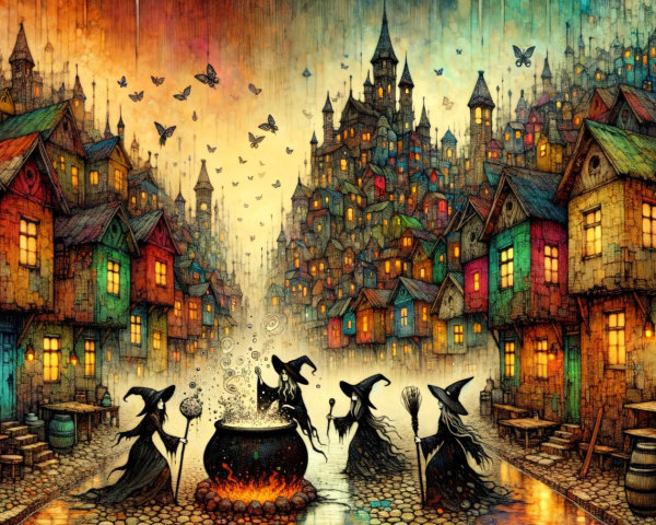 Witches Gather Around Cauldron in Colorful Village