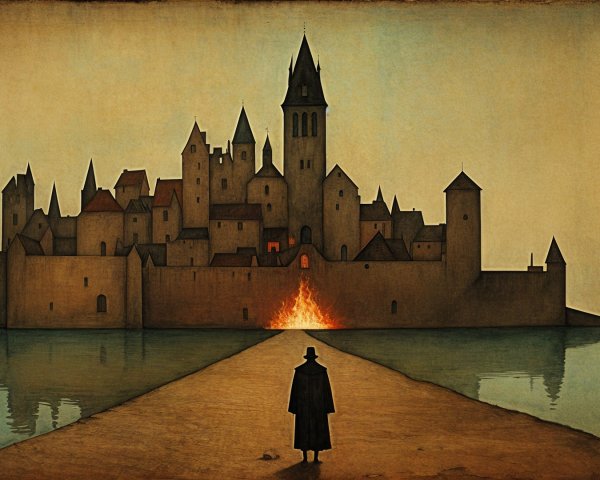 Silhouette by Medieval Castle with Reflective Water