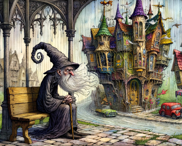 Elderly Wizard in Enchanting Fairy-Tale Setting