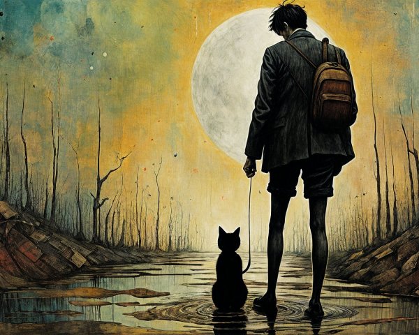 Silhouette by Moonlit Pool with Cat in Barren Landscape