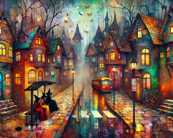 Whimsical Village Scene at Dusk with Colorful Houses