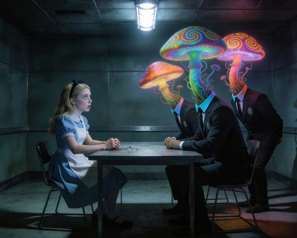 Alice in Wonderland at Table with Mushroom-Headed Figures