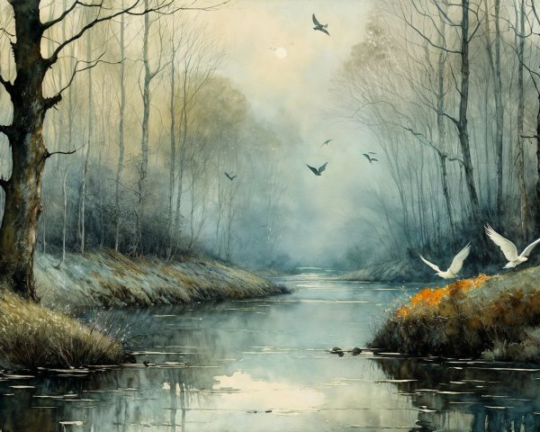 Tranquil River in Foggy Forest Landscape Scene