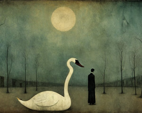 Surreal Landscape with Swan and Cloaked Figure