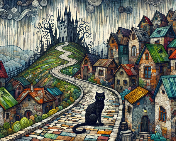 Whimsical Landscape with Castle and Black Cat