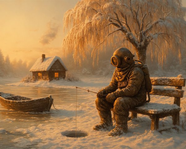 Diver in Vintage Suit Fishing on Frozen Lake at Sunset