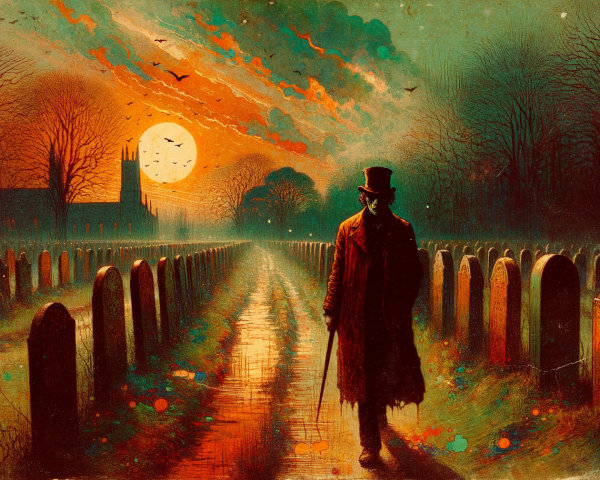 Solitary Figure in Top Hat on Misty Gravestone Path
