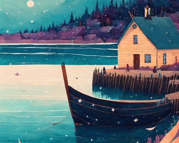Twilight Landscape with Water Scene and Rustic House