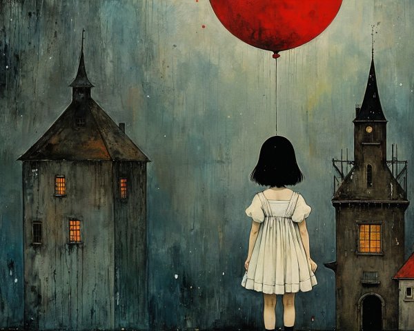 Young girl in white dress with red balloon in cityscape