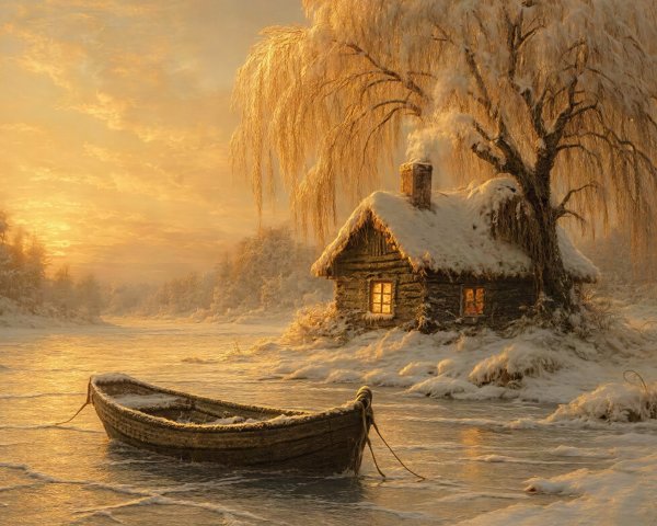 Serene Winter Landscape with Cottage and Frozen River