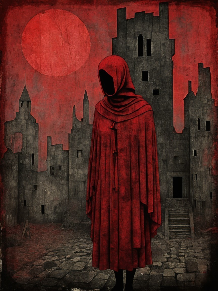 Mysterious Figure in Red Robe Amid Dark Ruins