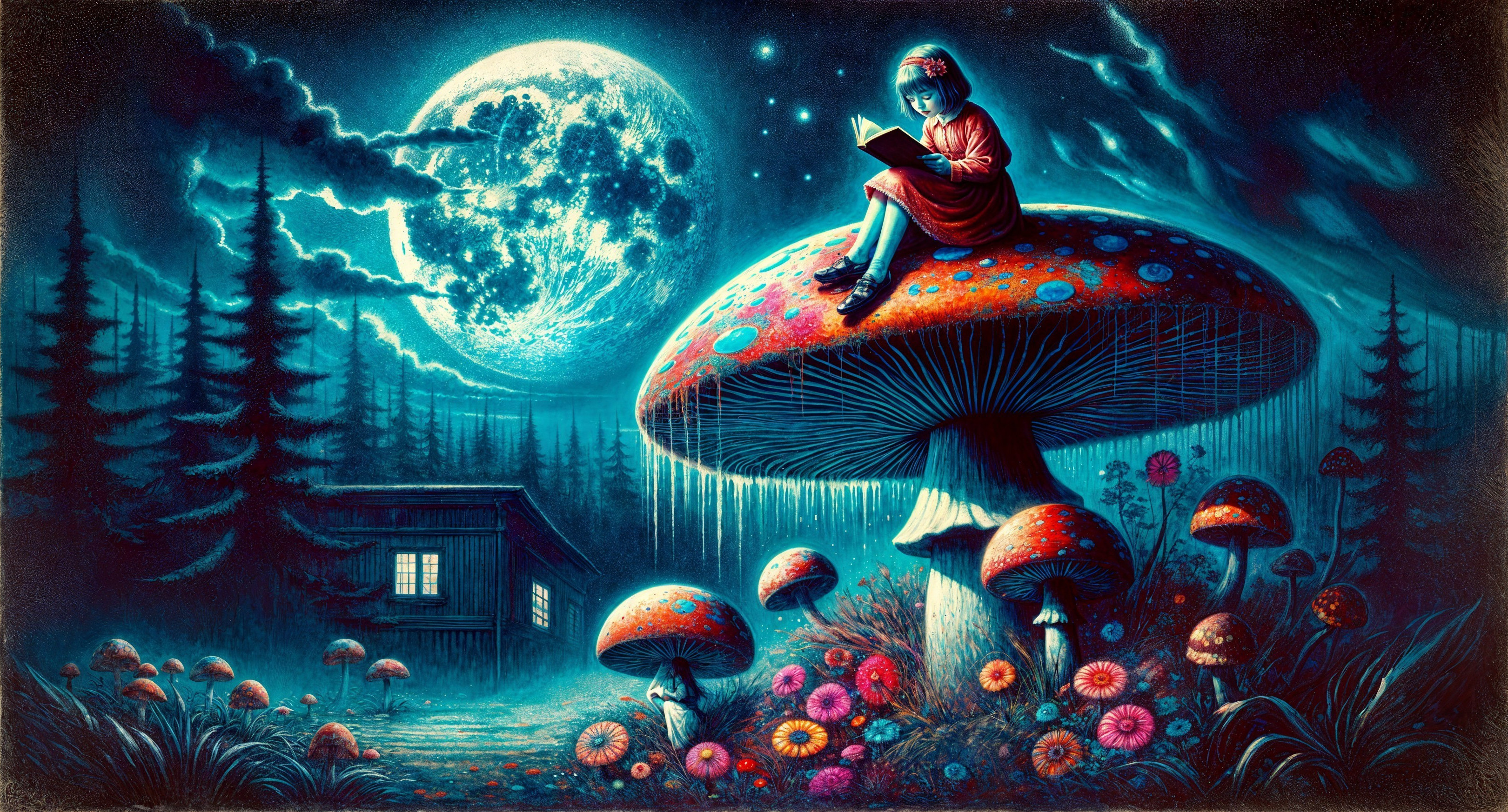 Mystical Forest Scene with Girl on Colorful Mushroom