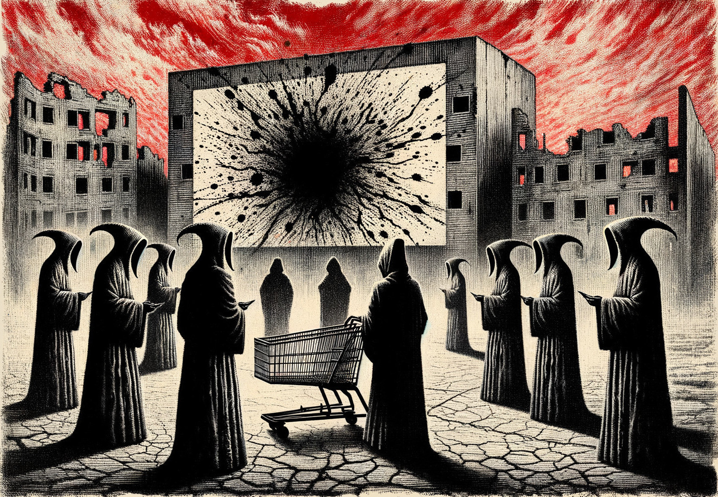 Hooded Figures in Apocalyptic Landscape with Screen