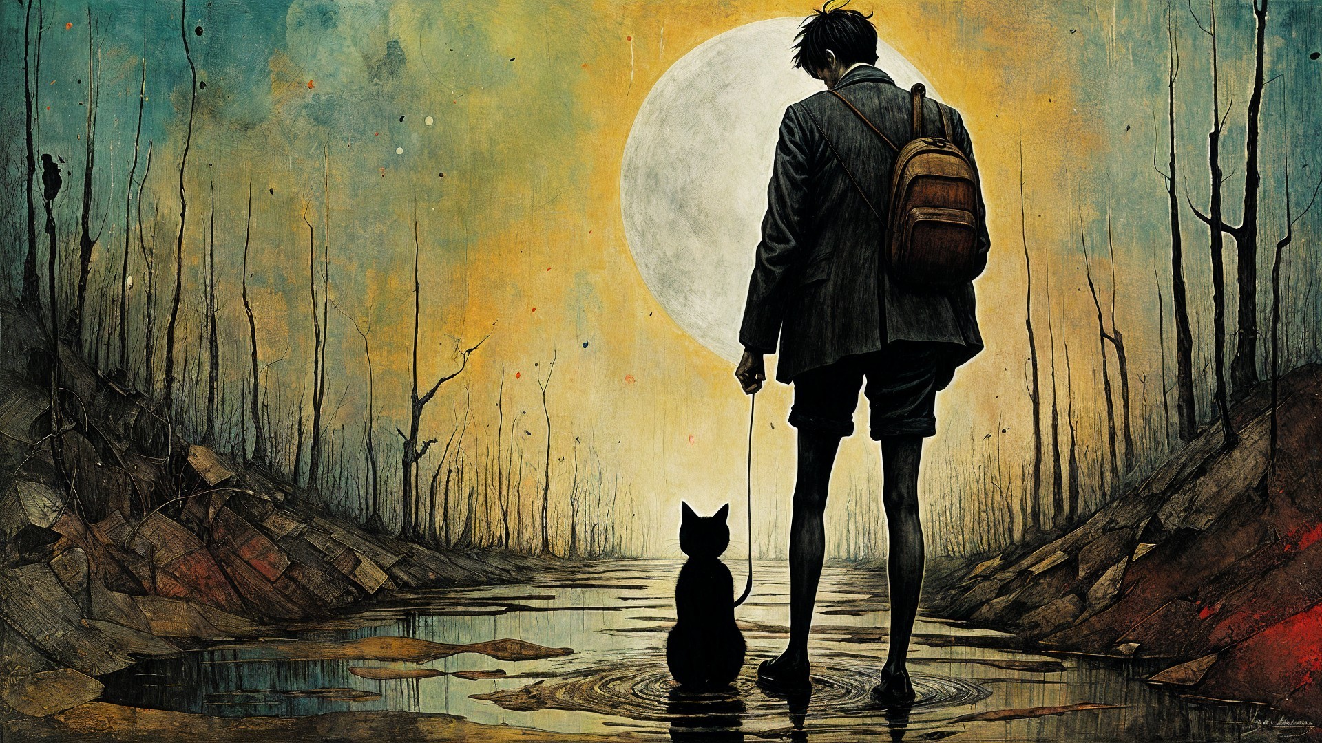 Silhouette by Moonlit Pool with Cat in Barren Landscape