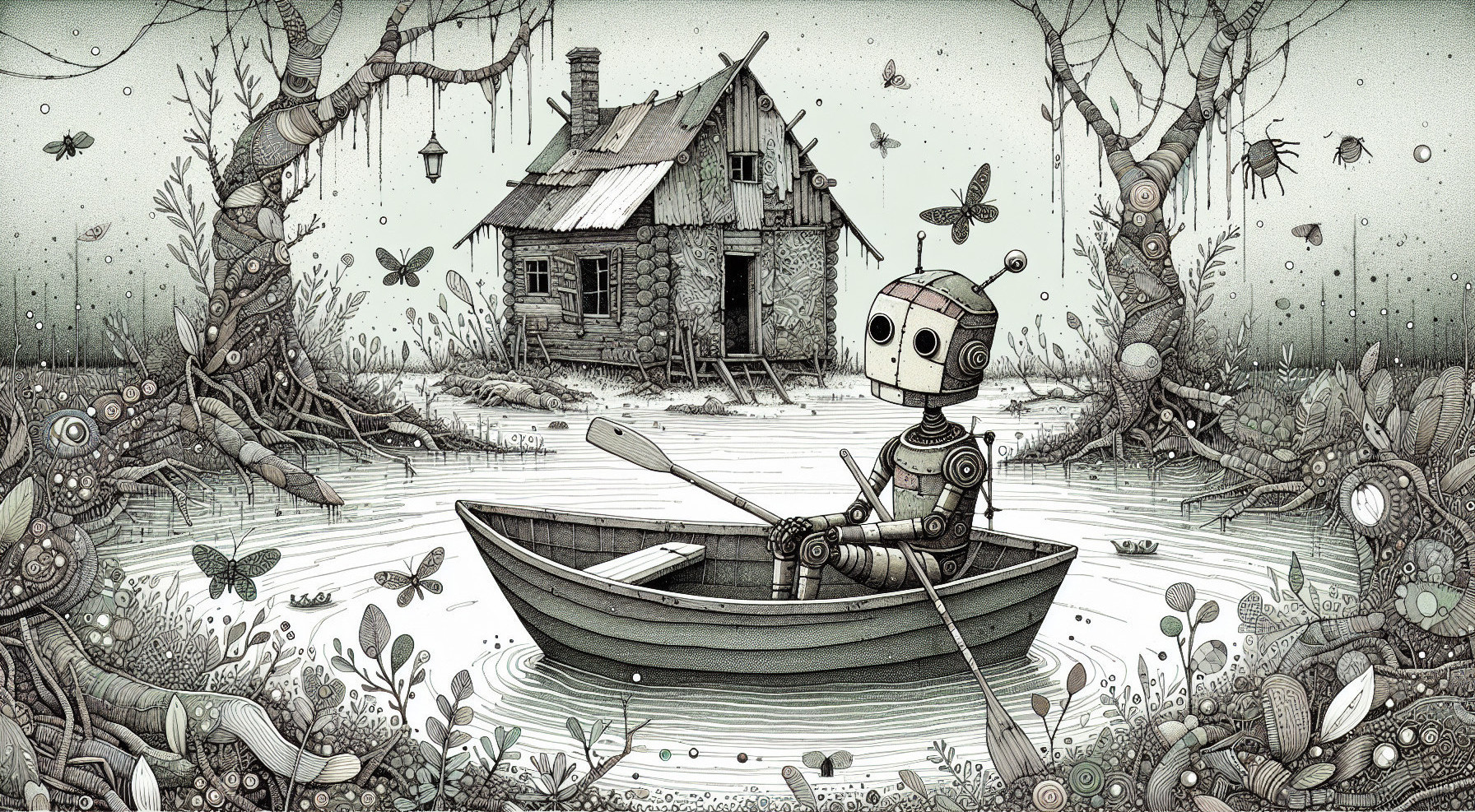 Whimsical Robot in Rowboat on Serene Pond Scene