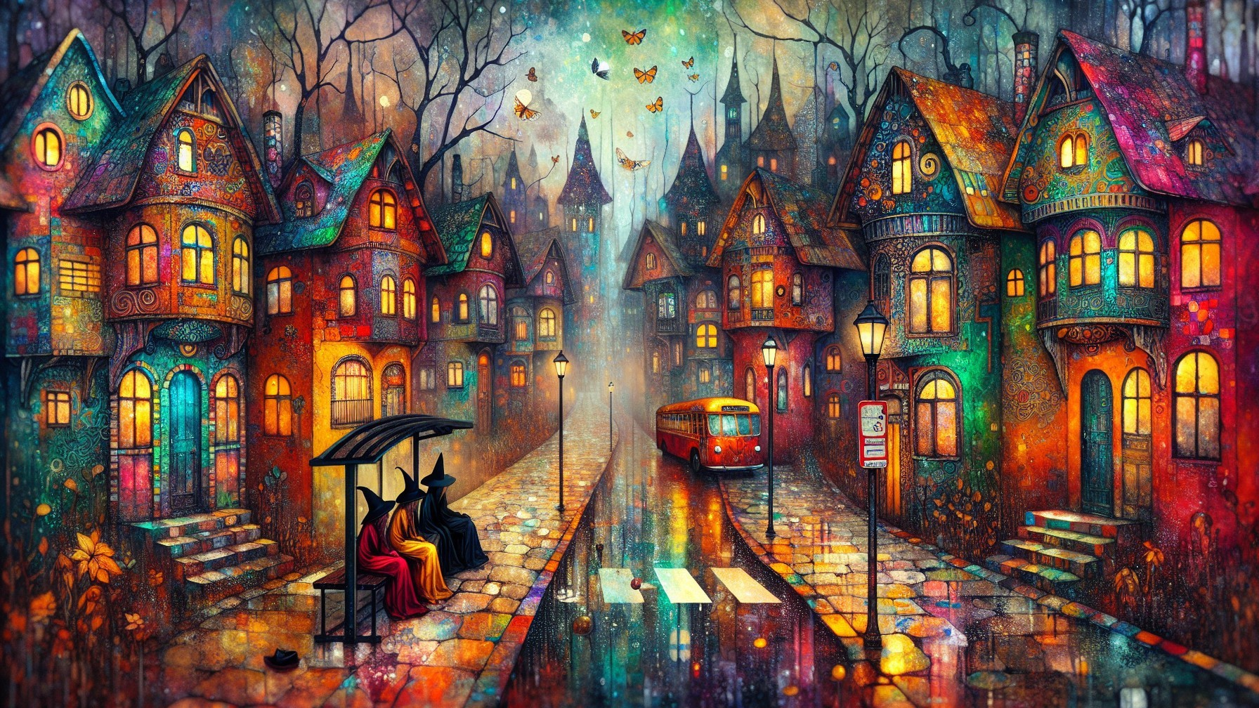 Whimsical Village Scene at Dusk with Colorful Houses
