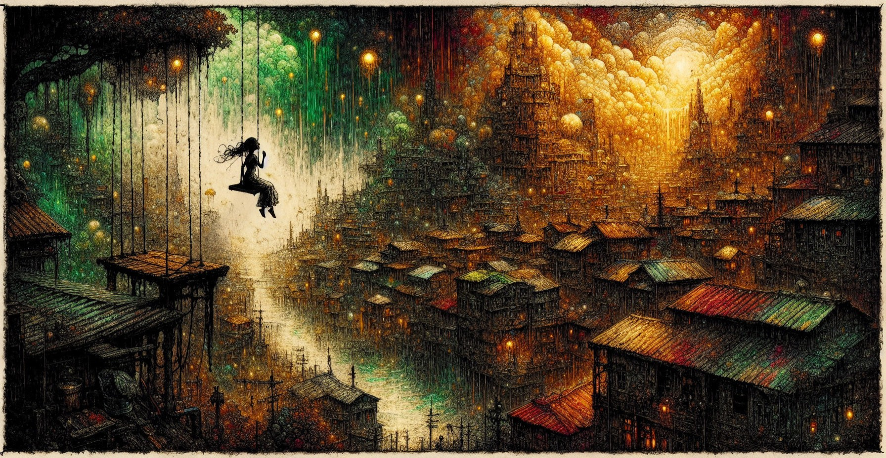 Whimsical Girl Swinging in Dreamlike Colorful Landscape