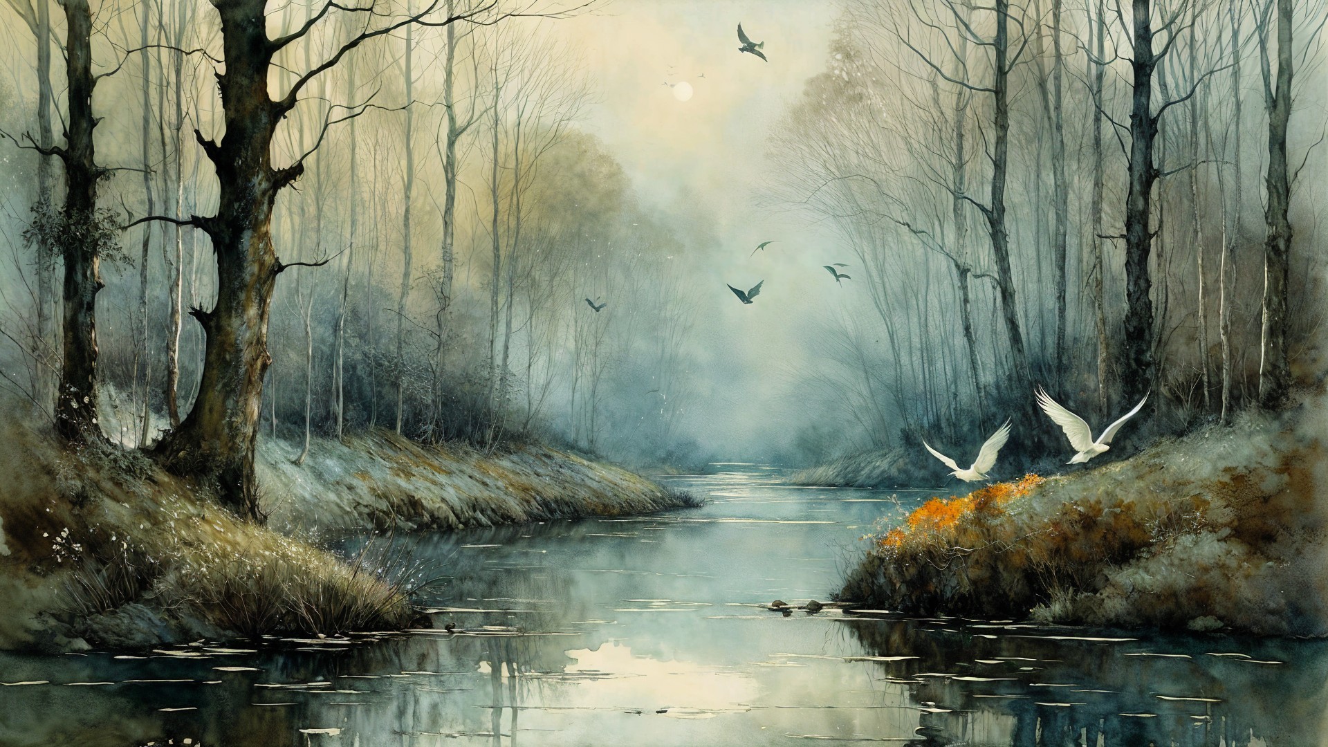 Tranquil River in Foggy Forest Landscape Scene