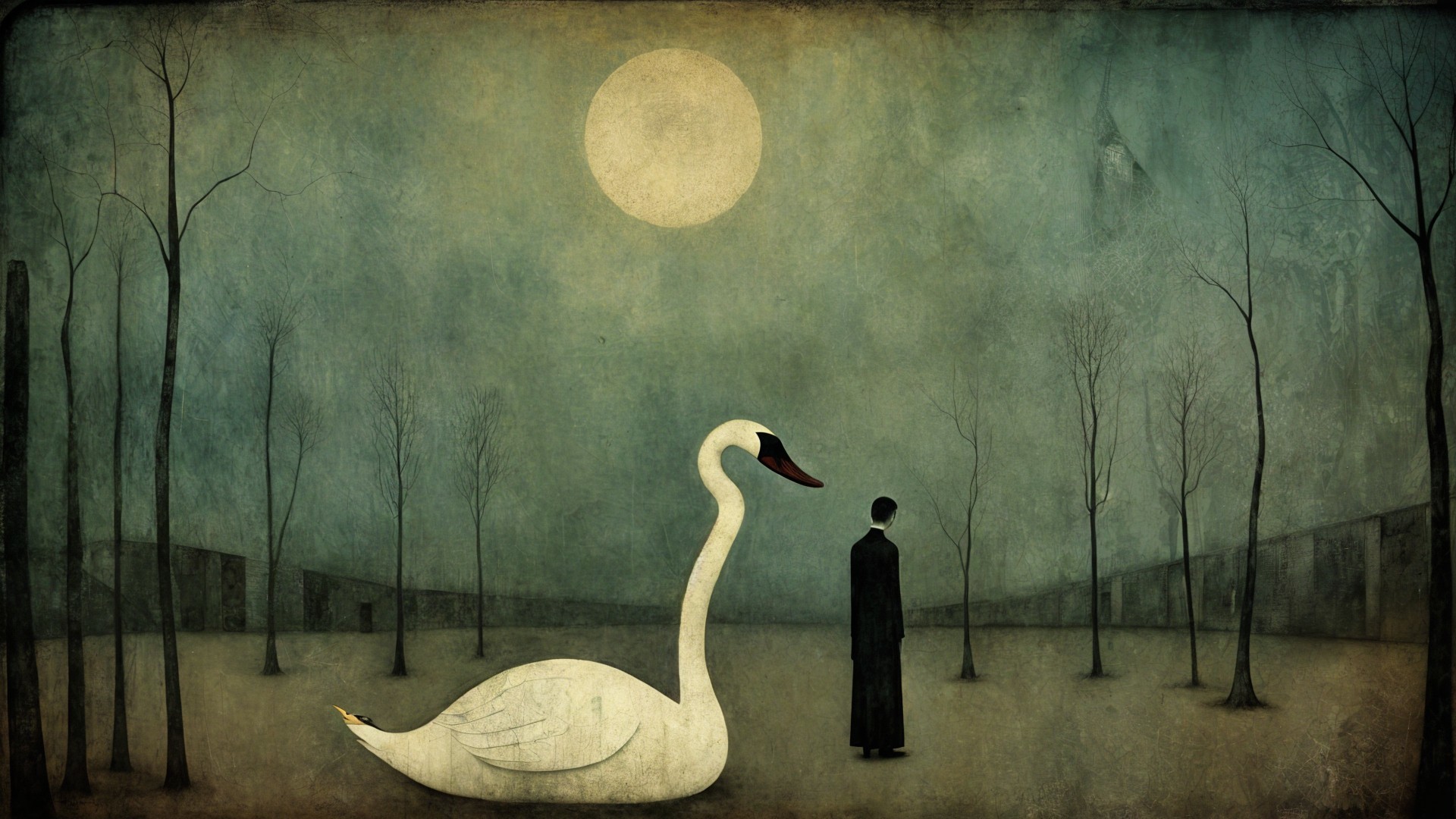Surreal Landscape with Swan and Cloaked Figure