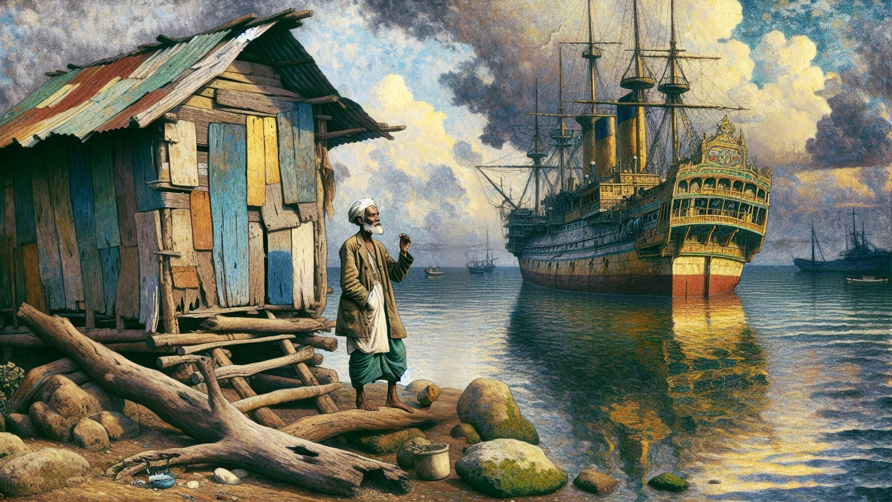 Coastal Scene with Man by Rustic Shack and Ship