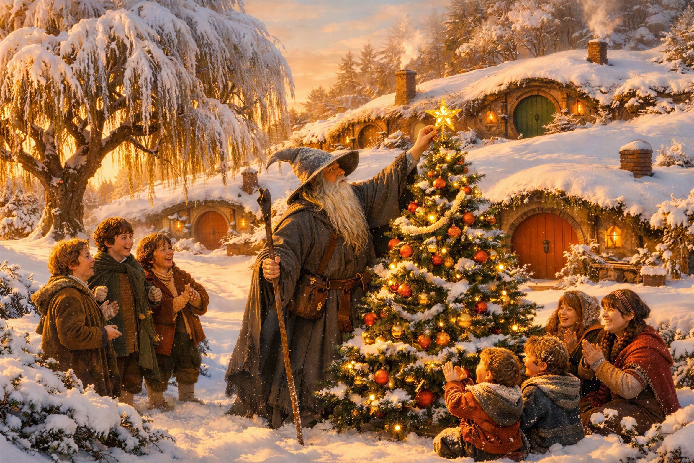 Gandalf Decorating a Christmas Tree in Hobbit Village