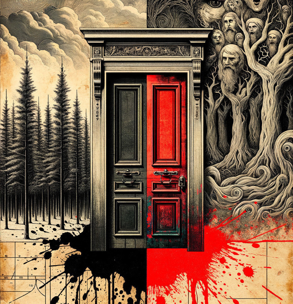 Red Door Surrounded by Dark Trees and Haunting Figures