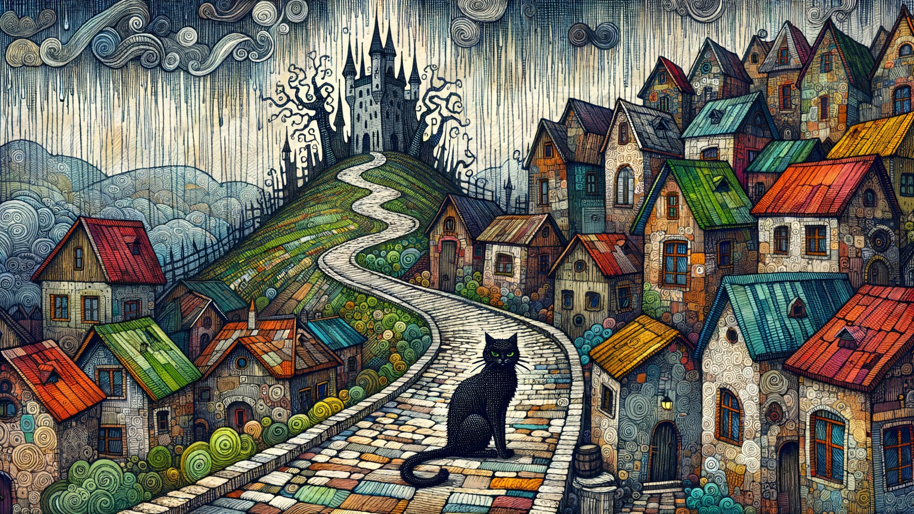 Whimsical Landscape with Castle and Black Cat