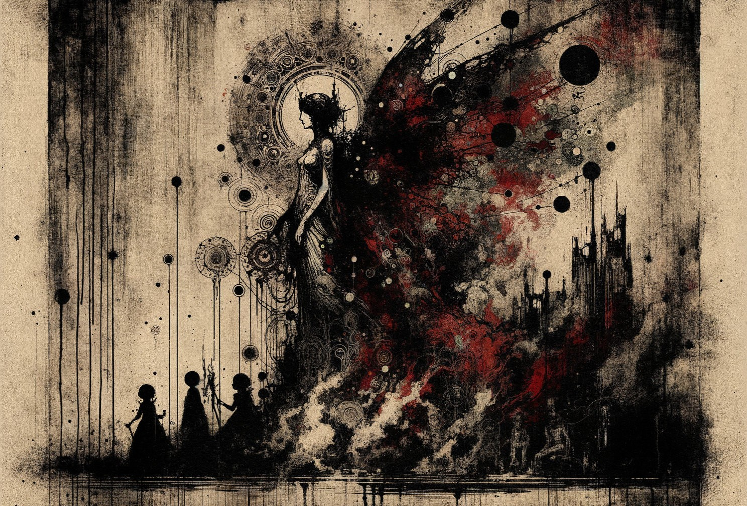 Dark-Themed Illustration of Ethereal Figure and Chaos