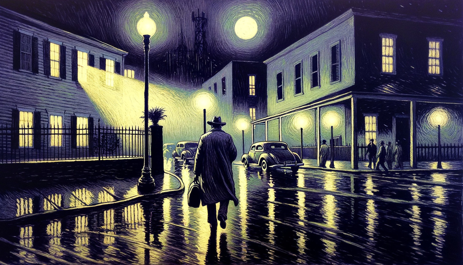 Nighttime cityscape with figure walking on wet street, vintage cars, and people under streetlights.