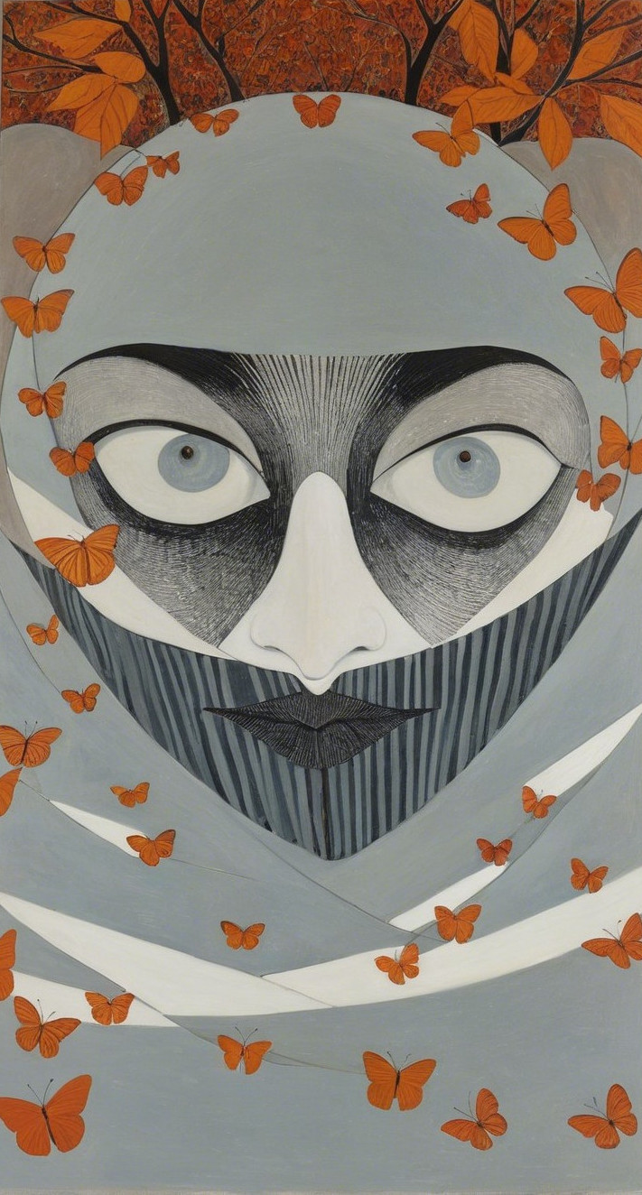Stylized face with blue eyes and vibrant butterflies