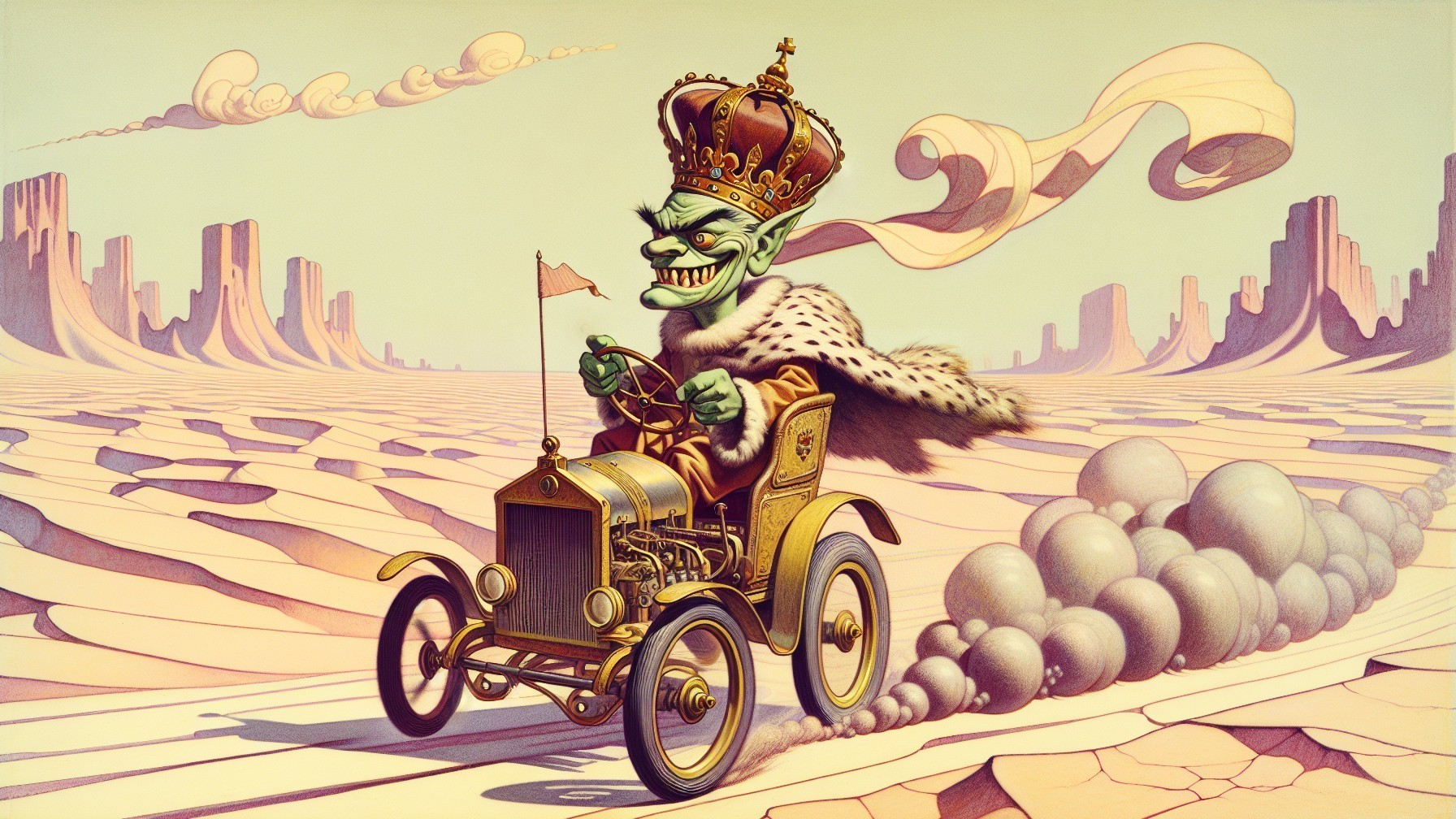 Mischievous Goblin in Vintage Car Across Surreal Desert