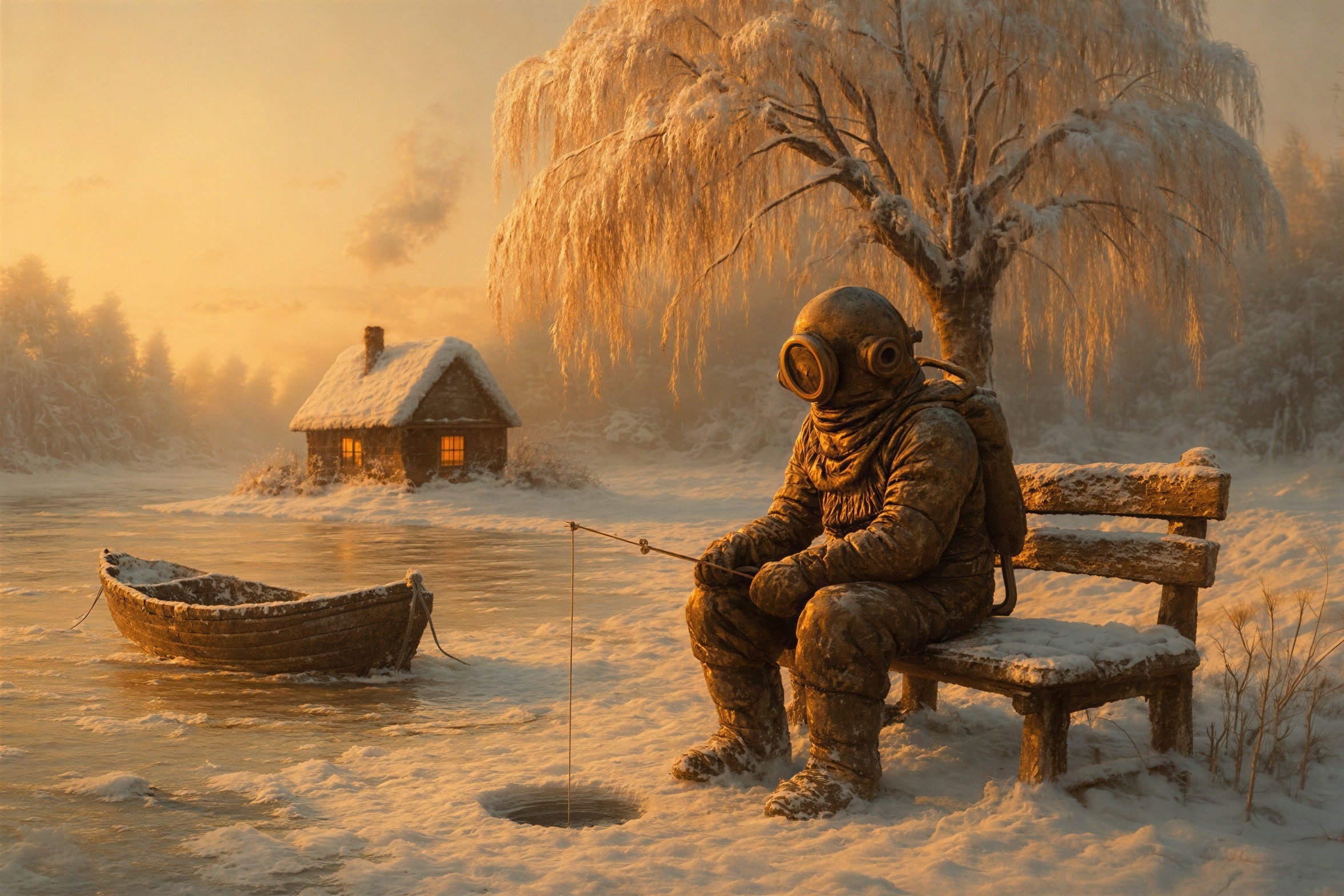 Diver in Vintage Suit Fishing on Frozen Lake at Sunset