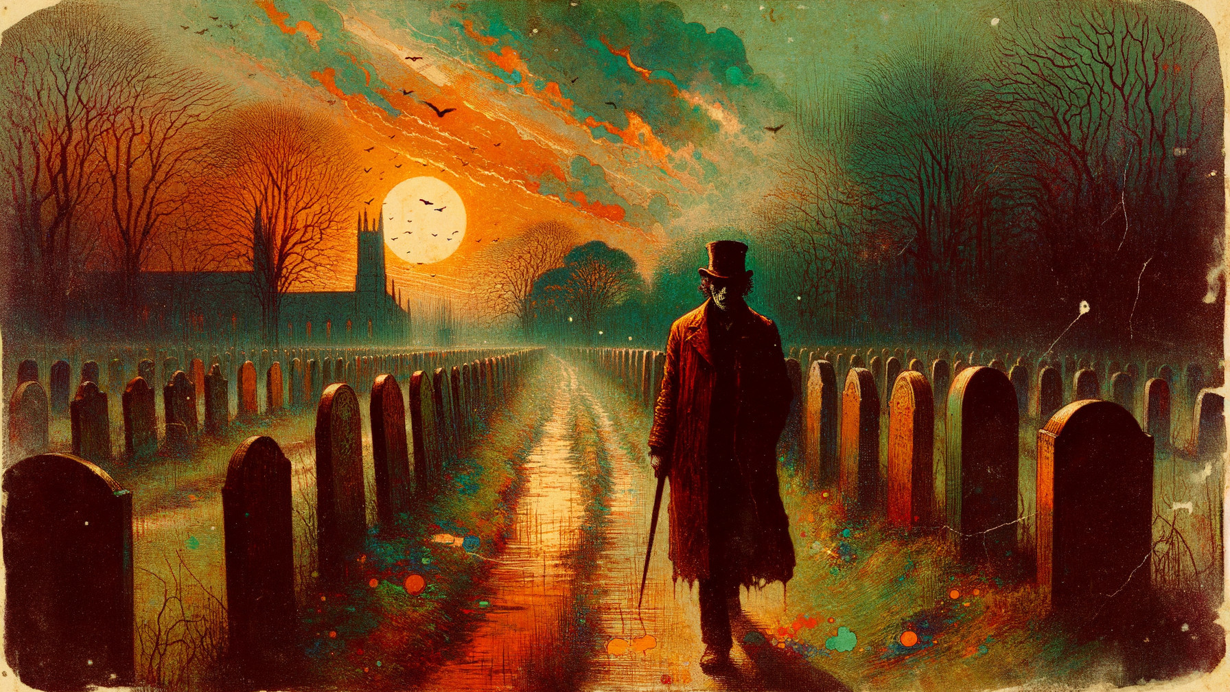 Solitary Figure in Top Hat on Misty Gravestone Path