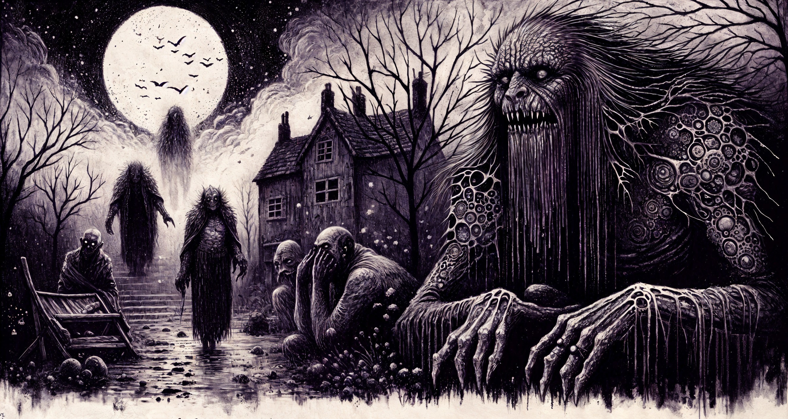 Monochromatic Scene with Grotesque Creatures and Dread