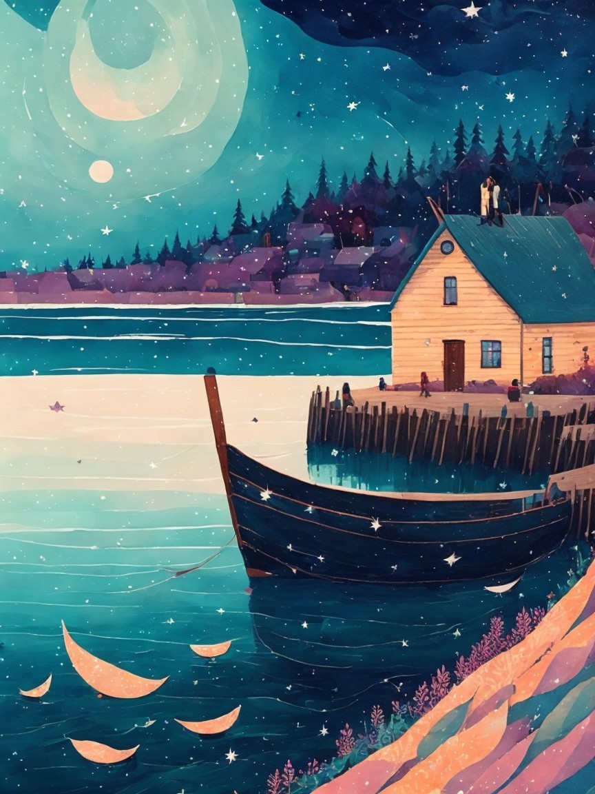 Twilight Landscape with Water Scene and Rustic House