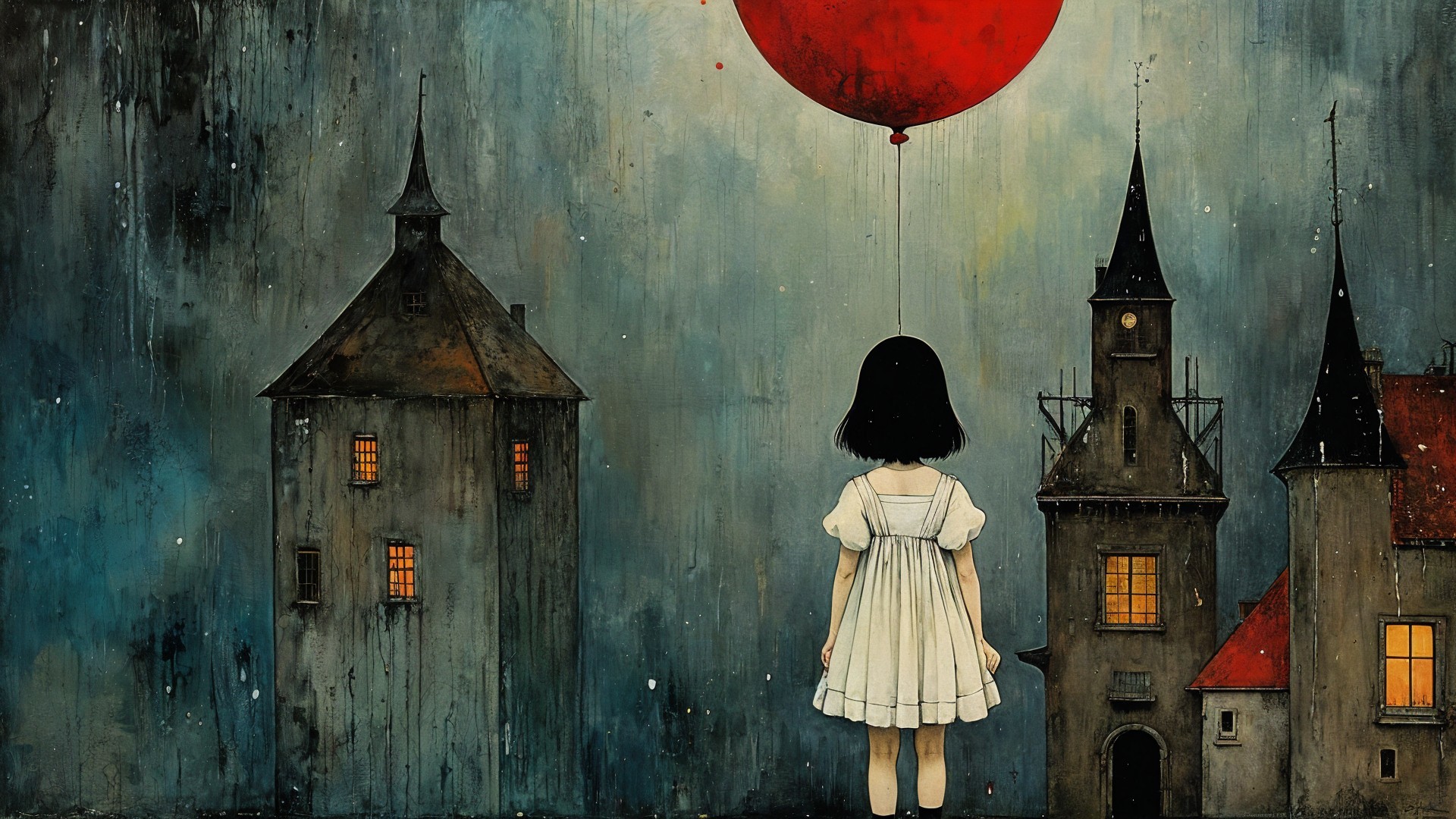 Young girl in white dress with red balloon in cityscape