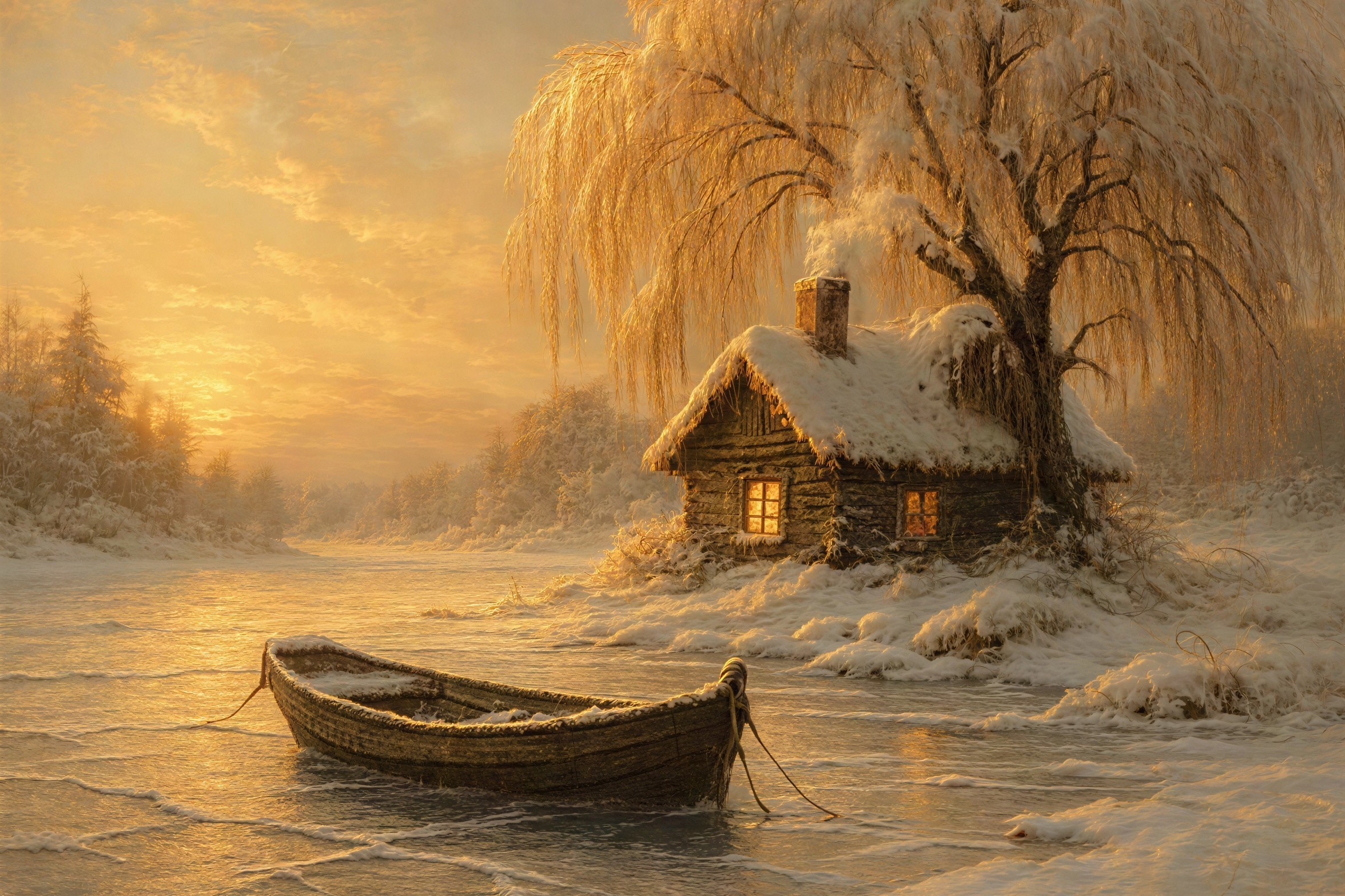 Serene Winter Landscape with Cottage and Frozen River