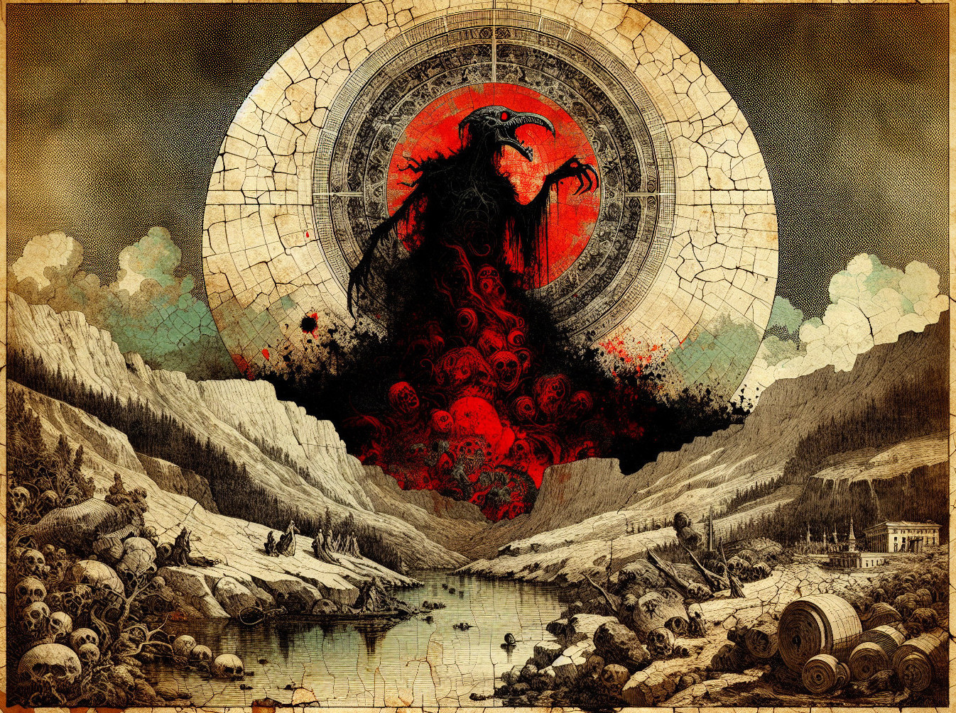 Sinister figure in dark landscape with glowing eyes