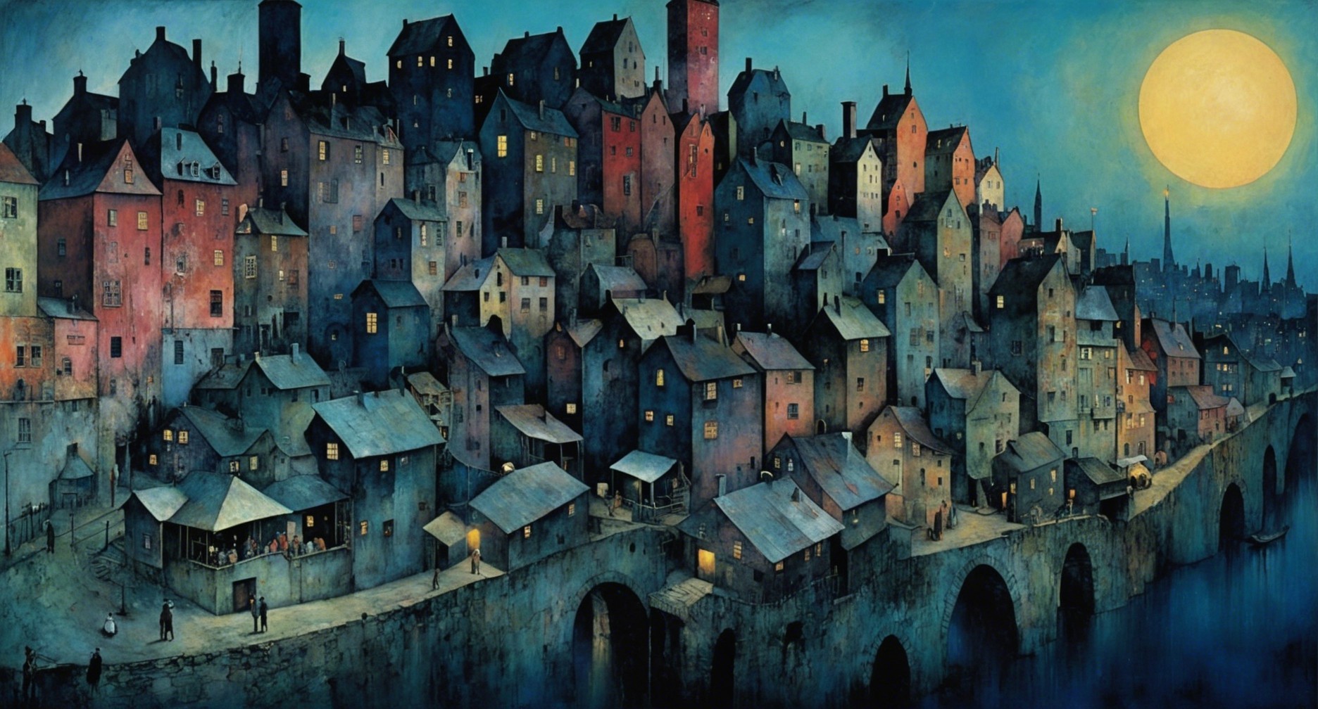 Colorful Whimsical Cityscape at Dusk with Bridge