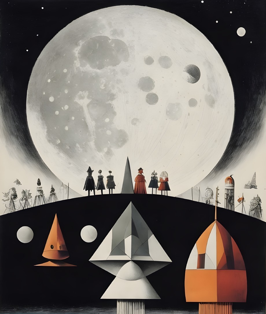 Whimsical Night Scene with Moon and Stylized Figures