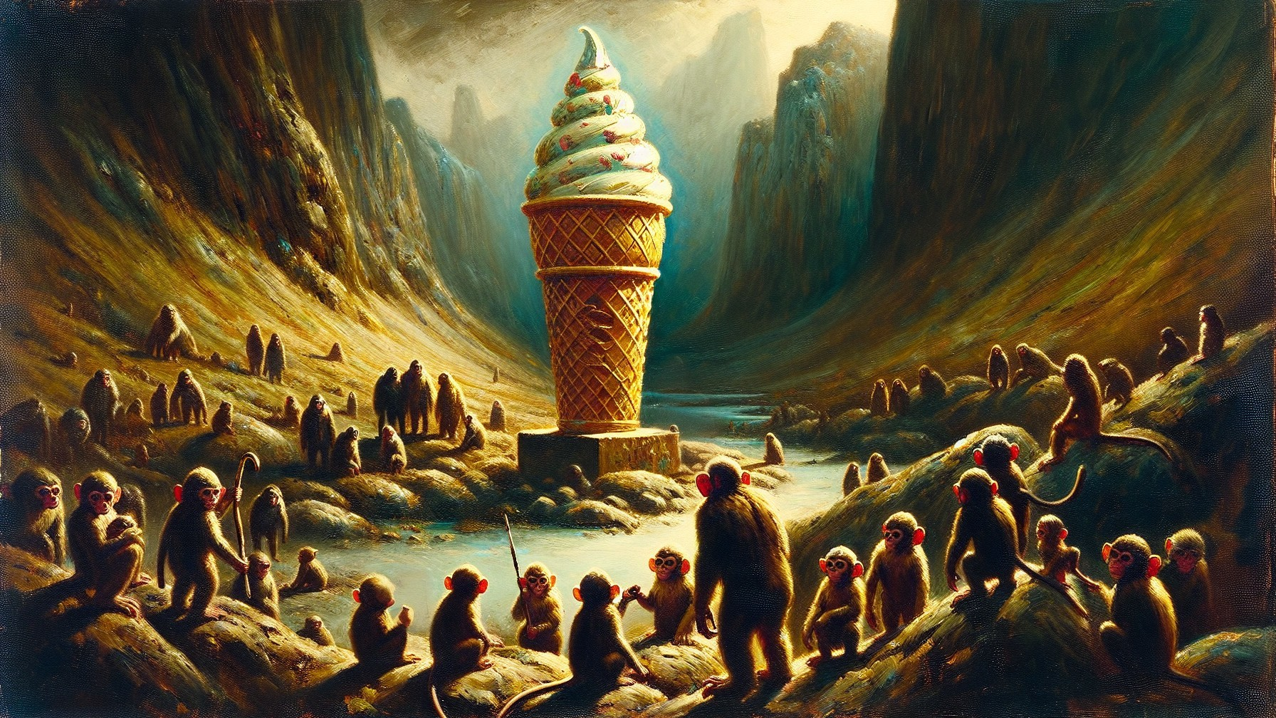 Surreal Landscape with Ice Cream Cone and Monkeys