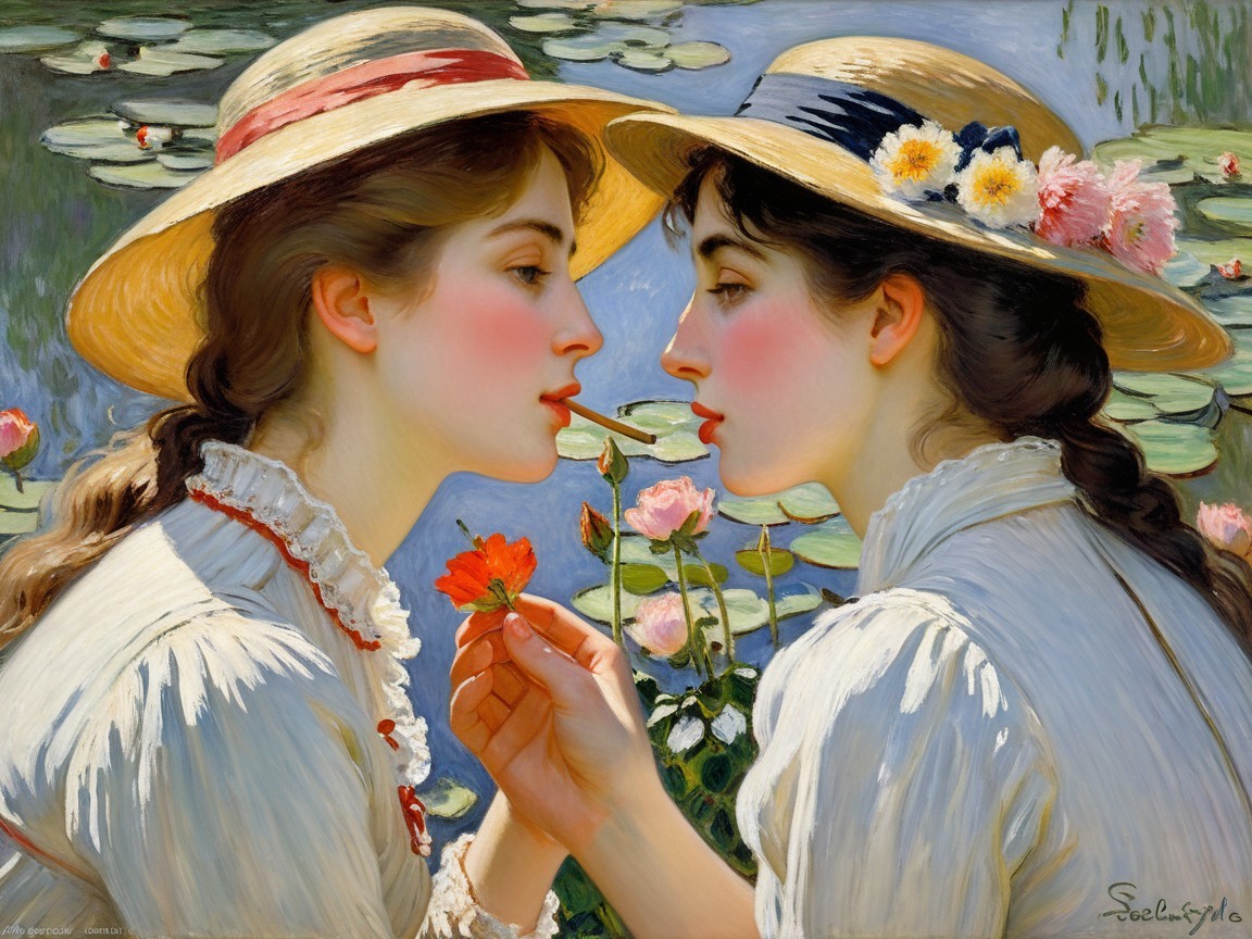Young Women in Floral Hats by Serene Pond