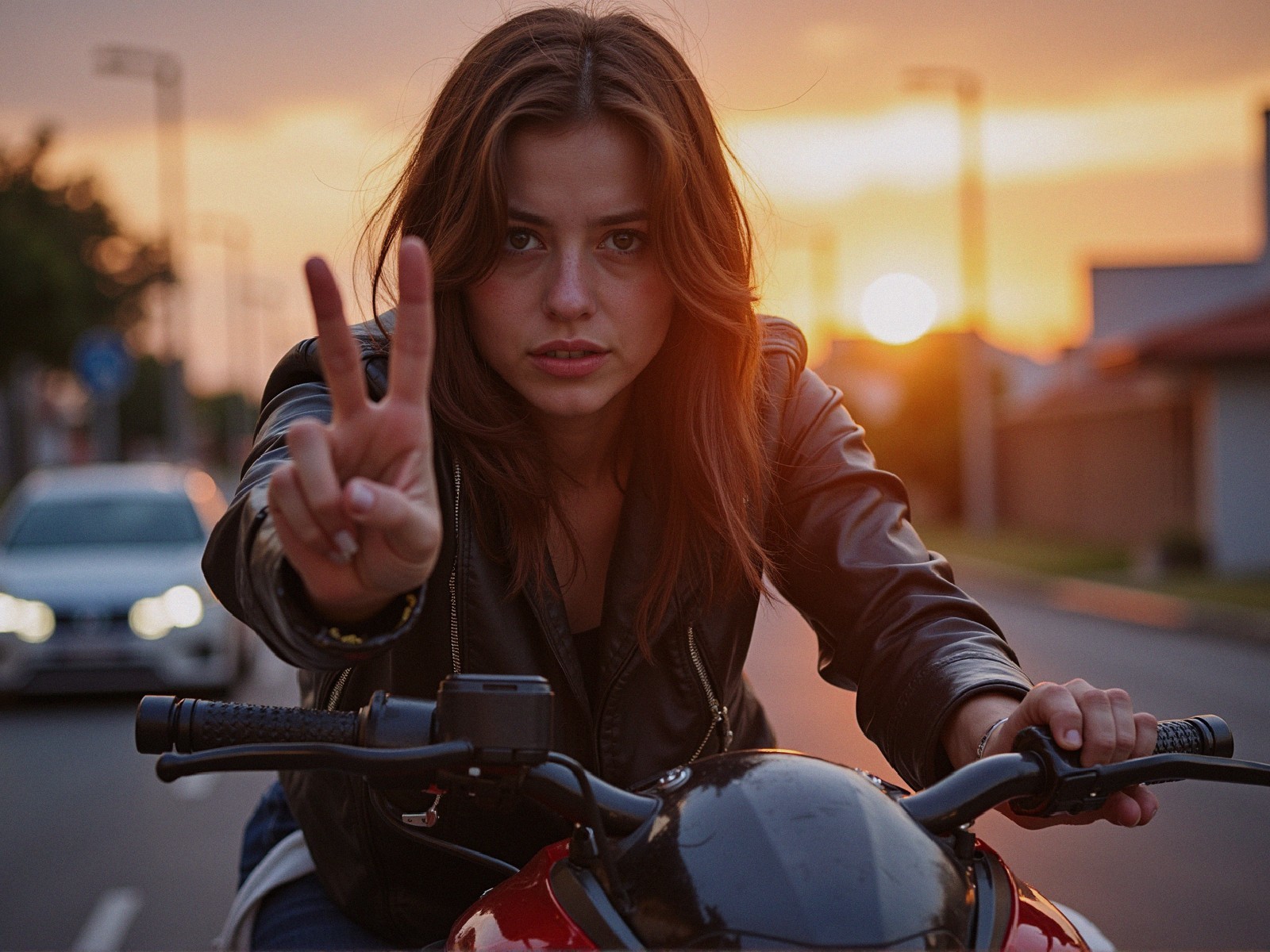Young Woman on Motorcycle with Sunset Background