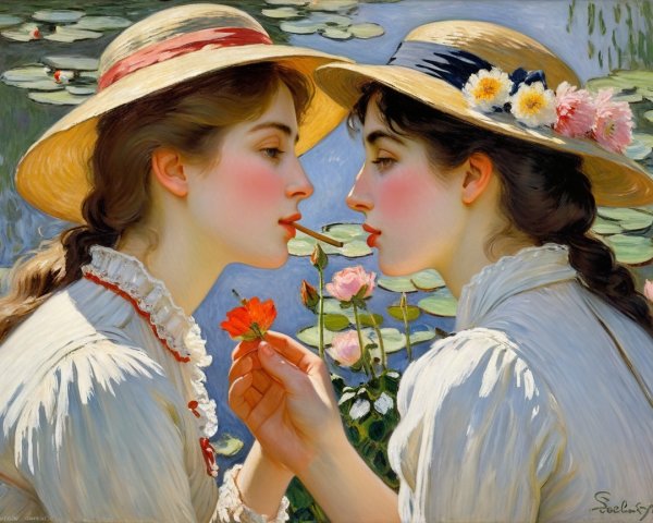 Young Women in Floral Hats by Serene Pond