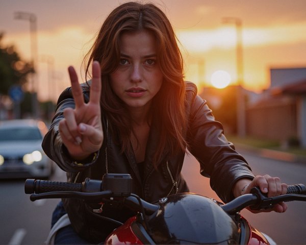 Young Woman on Motorcycle with Sunset Background