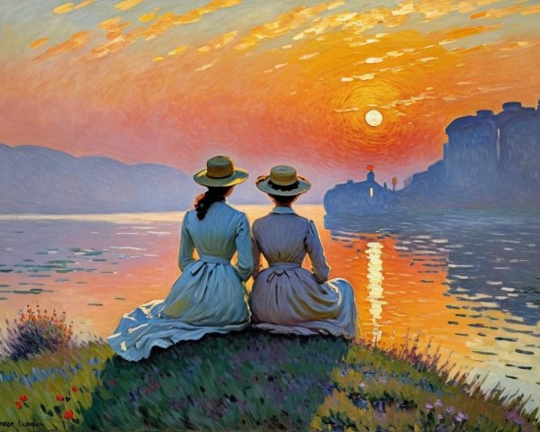 Women in Vintage Dresses by a Serene Sunset Riverbank