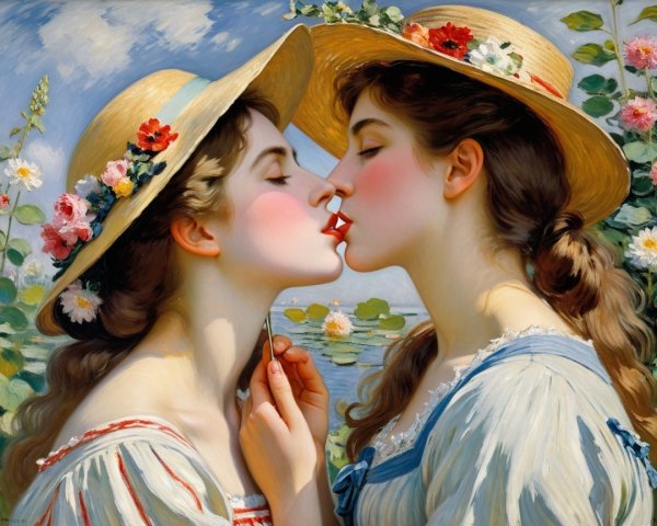 Tender Embrace of Two Women in Pastel Dresses